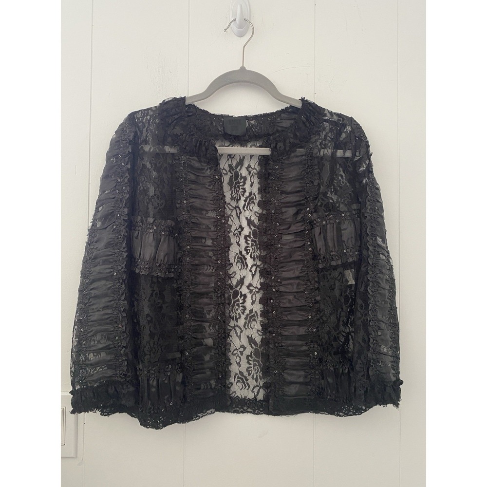 VTG Anna Sui Black Sheer Lace Open Front Crop Jacket Sequin Ruched Trim Sz Small